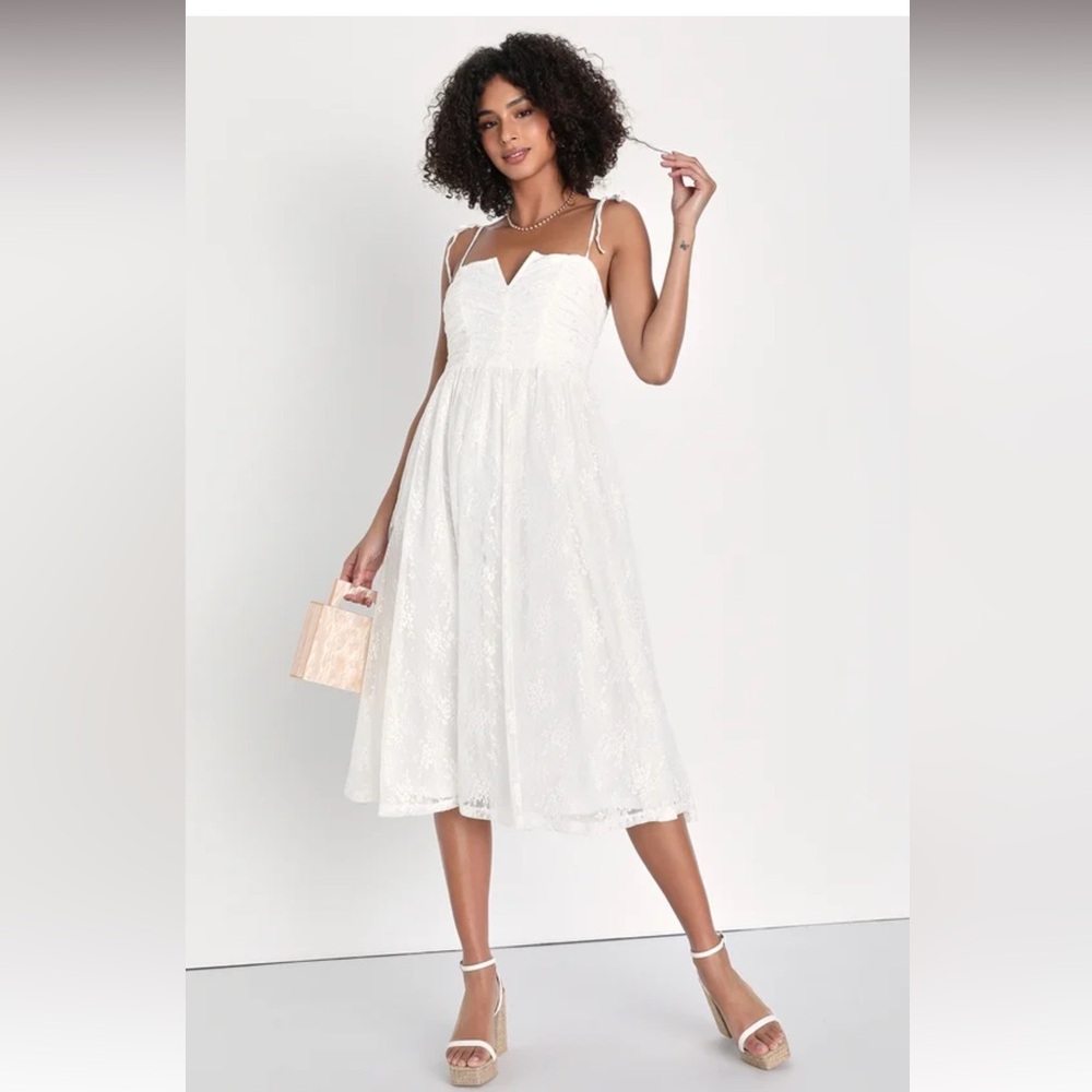Lulus NWT Lace Ruched Tie-Strap Midi Dress